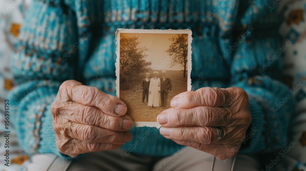 Fototapeta premium Heartwarming Moment as Grandparents Reveal Cherished Family History by Showing Old Photographs to Younger Relatives Preserving Memories and Strengthening Bonds