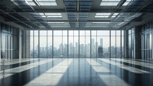 A spacious interior features expansive windows providing a view of the city skyline under bright daylight. The sleek design emphasizes natural light and urban connection