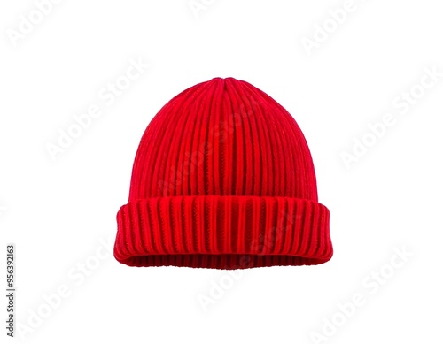 a red beanie with a folded brim, isolated on a white background, showcasing the texture of the knit fabric create with ai