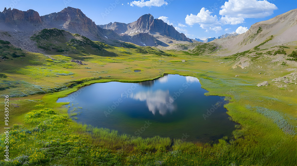 The drone captures a high-altitude alpine meadow, where a small, clear lake reflects the surrounding mountains and sky The drone captures a high-altitude alpine meadow, where a small, clear lake reflects the surrounding mountains and sky
