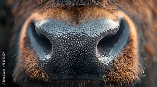 A captivating macro photography piece showcasing the intricate textured details of a buffalo s nose in striking clarity  This close up shot highlights the raw photo