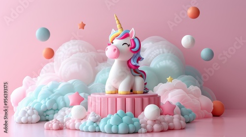 A whimsical unicorn figurine stands atop a pastel platform, surrounded by fluffy clouds and colorful spheres, evoking magical charm.