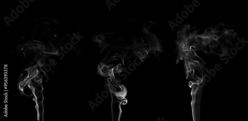 Collection set of white smoke moving on black background. Smoke clouds. Isolated abstract lines. 