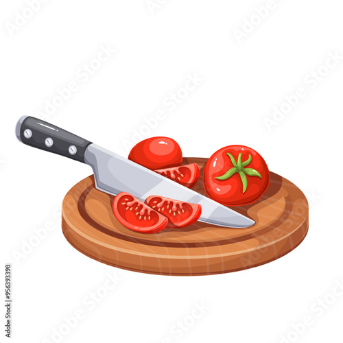 Cut tomato with knife into slices on cartoon wooden board. Cutting vegetable with kitchen tool by chef. Food preparation, cooking mascot, cartoon chopping tomato ingredient vector illustration