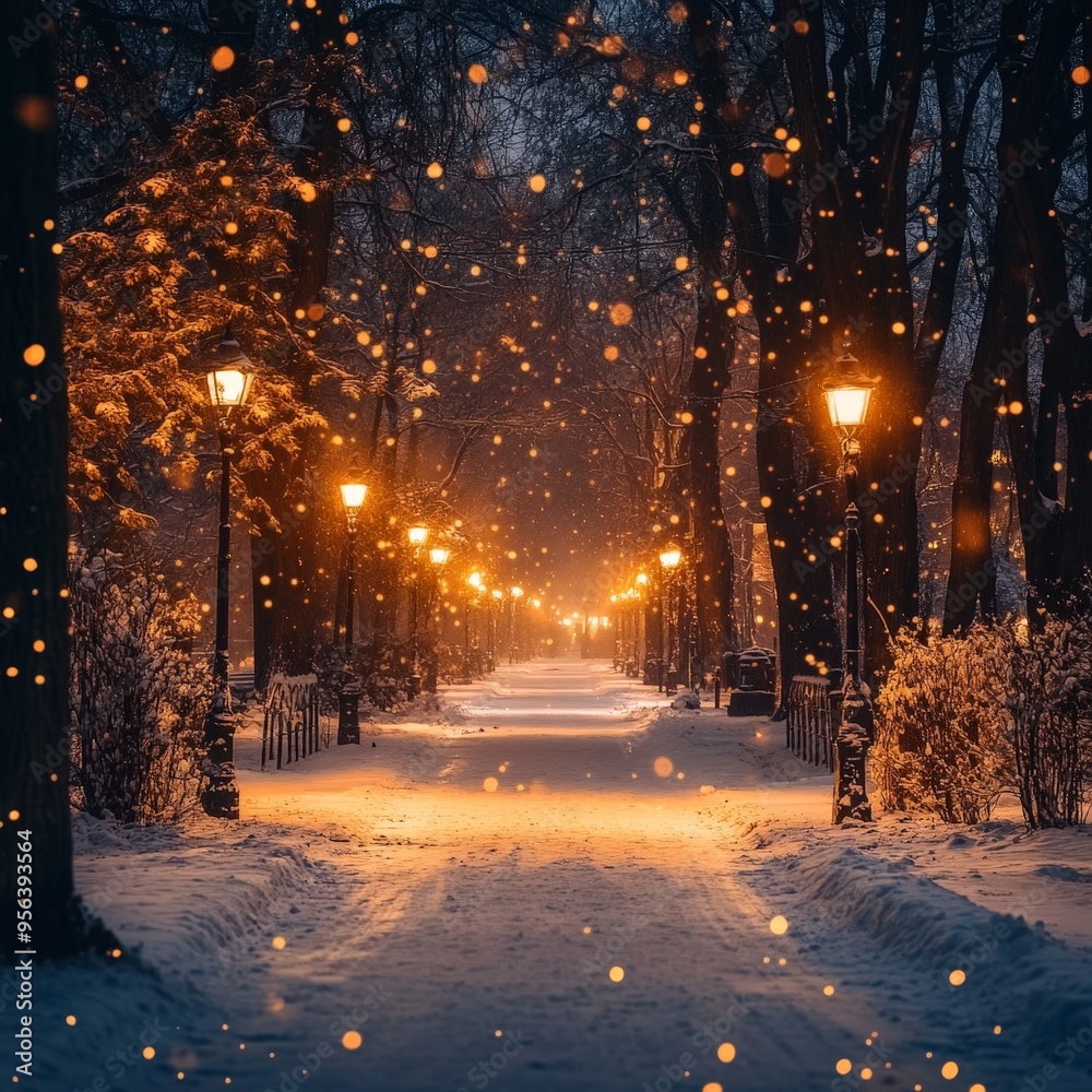 Magical Night Snowfall with Warm Streetlight Glow Magical Night Snowfall with Warm Streetlight Glow