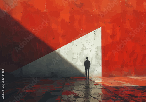 Businessman Entering Giant White Arrow Against Red Wall - Conceptual Illustration of Startup and Business Growth with Minimalist Design and Dramatic Lighting