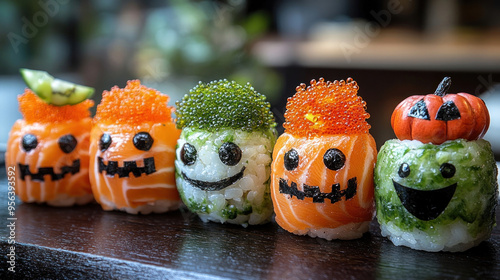 Holiday Maki Sushi: Maki sushi rolls themed for different holidays or celebrations, such as Halloween, Christmas, or birthdays, with festive decorations.