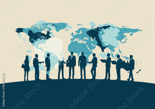 Global Business Leadership Team Meeting for International Trade, Silhouetted Professionals in Front of World Map, Minimalist Vector Illustration, Daytime Setting