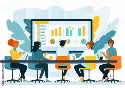 Business Team Learning Presentation with Charts and Checklists in Modern Office Setting, Daytime, Minimalistic Vector Illustration