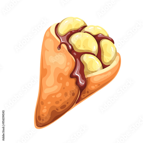 Pancake pocket with cartoon banana slices, flowing chocolate drops. Golden triangle of folded crepe with tropical fruit filling. Dessert menu mascot, cartoon healthy pancake vector illustration