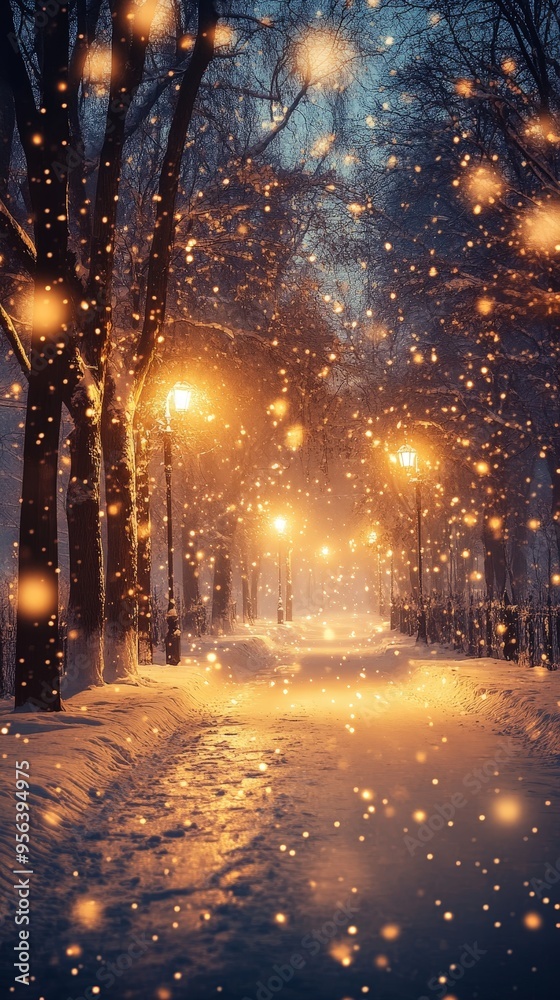 Magical Night Snowfall with Warm Streetlight Glow