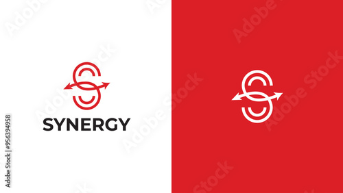Logo synergy, the concept of two or more entities working together, The interlocking circles represent the coming together of diverse elements