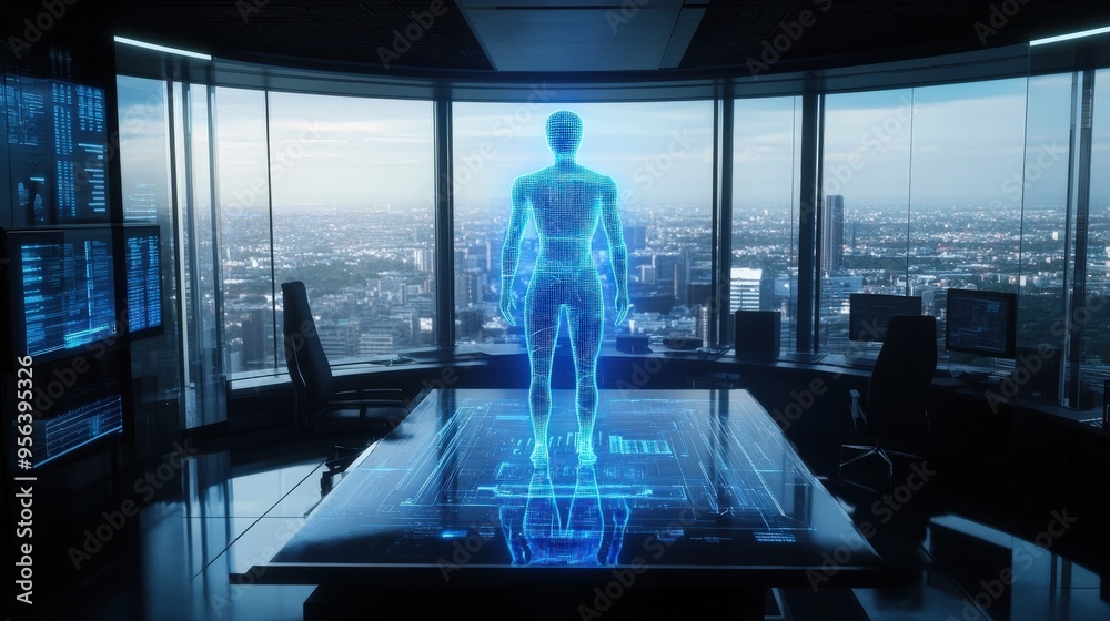 A holographic AI system stands in a sleek office, casting a blue glow as it interacts with data displays, providing insights and analytics to the user against a city skyline A holographic AI system stands in a sleek office, casting a blue glow as it interacts with data displays, providing insights and analytics to the user against a city skyline