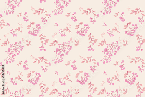 Pastel seamless pattern with abstract artistic berries on a branches leaves. Stylized juniper, boxwood, viburnum, dogwood barberry print. Cute botanical illustration ornament on a light background