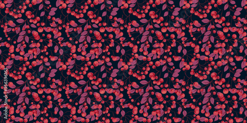 Opulent botanical illustration Seamless pattern on a burgundy background. Abstract artistic berries on a branches leaves ornament. Stylized juniper, boxwood, viburnum, dogwood barberry print.