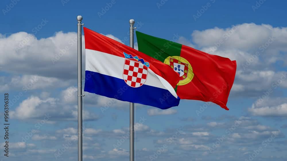 Portugal and Croatia flags flying together, video concept of the relationship, two country cooperation concept Portugal and Croatia flags flying together, video concept of the relationship, two country cooperation concept