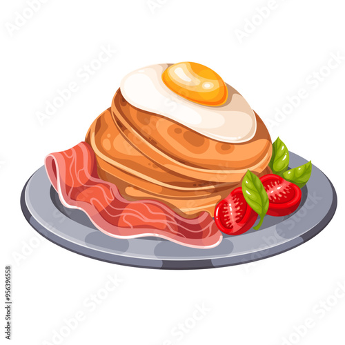 Fried bacon and egg on stack of pancakes, cartoon breakfast plate. Tomatoes and herbs, crispy protein snack for hotcakes. Morning food mascot, cartoon serving of savory pancakes vector illustration