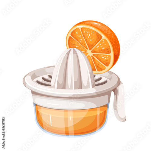 Juicing half orange with cartoon hand juicer. Squeezing vitamin fresh summer juice in kitchen. Cooking process, breakfast mascot, cartoon orange drink preparation with kitchenware vector illustration