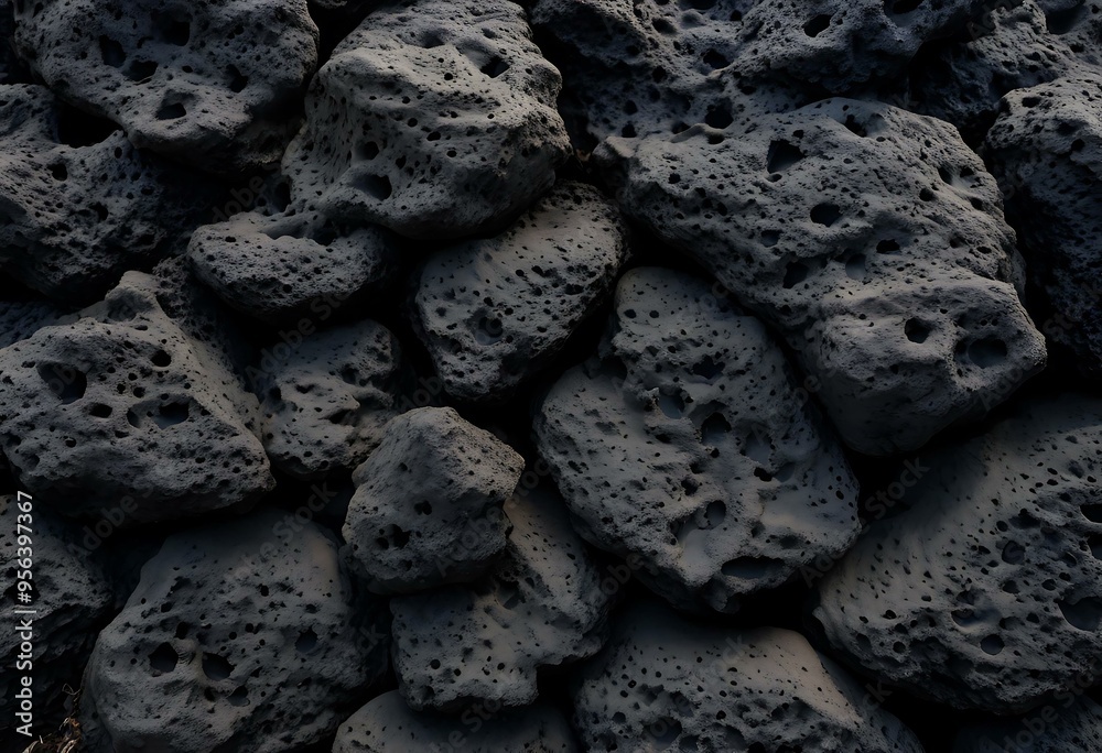 Coal with porous texture, featuring numerous small holes and cavities throughout its surface.
Coal with porous texture, featuring numerous small holes and cavities throughout its surface.