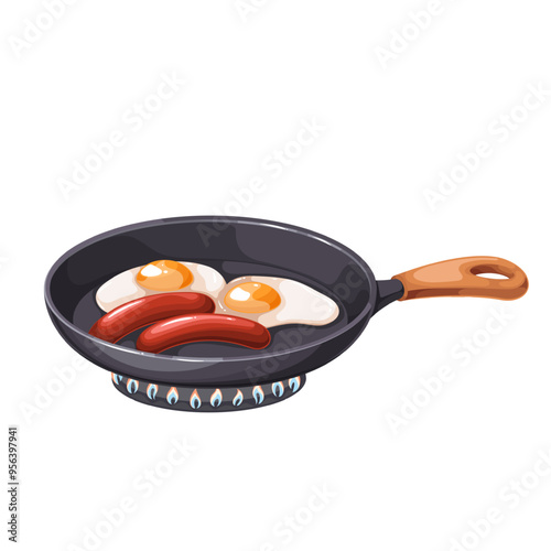 Frying eggs with sausages in cartoon pan on gas stove. Cooking hearty protein breakfast on hob fire. Morning food preparation mascot, cartoon hot metal skillet of fried eggs vector illustration