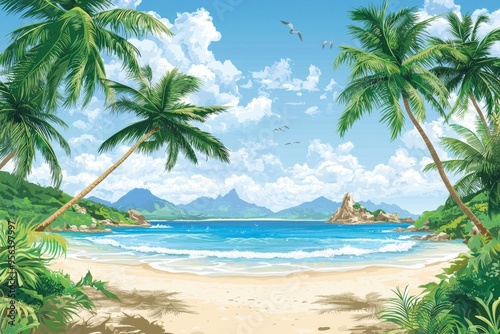 Palm Trees Frame a Tropical Beach Scene with Mountains and Ocean
