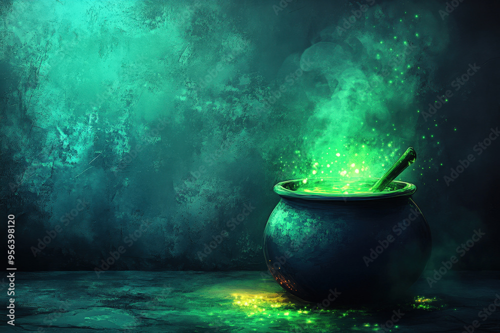 Cauldron is boiling with a magic green potion with sparks on a dark background