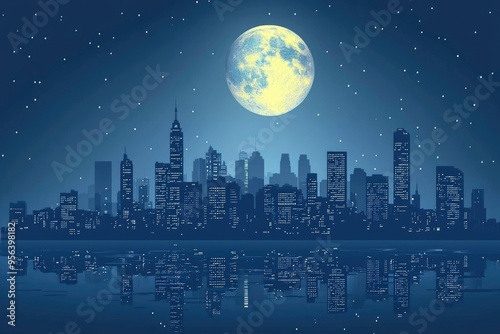 City Skyline Reflected in Water Under a Full Moon and Starry Sky