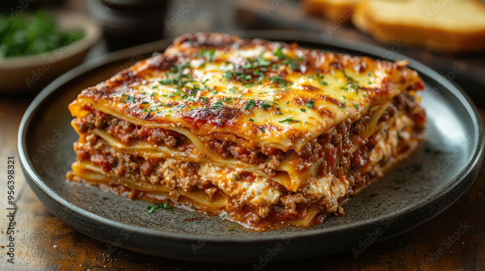 A hearty slice of lasagna, showcasing the layers of pasta, meat sauce, ricotta, and melted cheese, with a side of garlic bread. A hearty slice of lasagna, showcasing the layers of pasta, meat sauce, ricotta, and melted cheese, with a side of garlic bread.