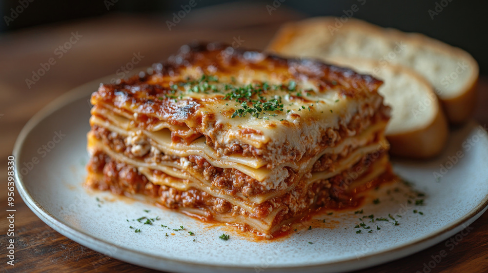 A hearty slice of lasagna, showcasing the layers of pasta, meat sauce, ricotta, and melted cheese, with a side of garlic bread. A hearty slice of lasagna, showcasing the layers of pasta, meat sauce, ricotta, and melted cheese, with a side of garlic bread.