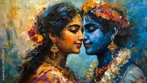 Krishna and Radha portrait symbolizing their love in a beautiful artistic painting style, depicting divine connection and spirituality new beautiful stock image illustration AI