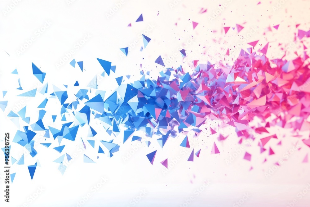 Fototapeta premium Abstract background with blue and purple polygonal shapes on a white backdrop, flying triangles, crystals, and confetti in motion.