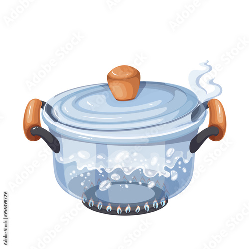 Boiling water in cartoon pot on gas stove fire. Transparent glass saucepan with lid to boil water with steam. Making soup or pasta, cooking process mascot, cartoon kitchen utensil vector illustration