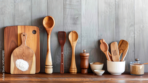 Wooden Kitchen Utensils on a Rustic Countertop