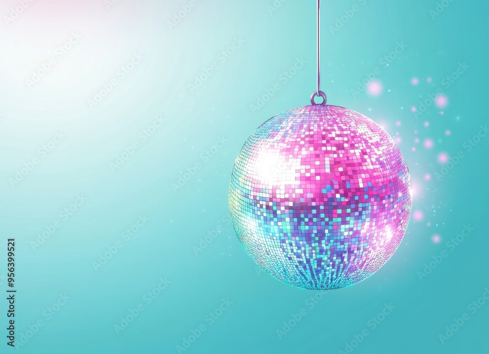 Fototapeta premium A disco ball with pastel colors and light rays on an aqua background.