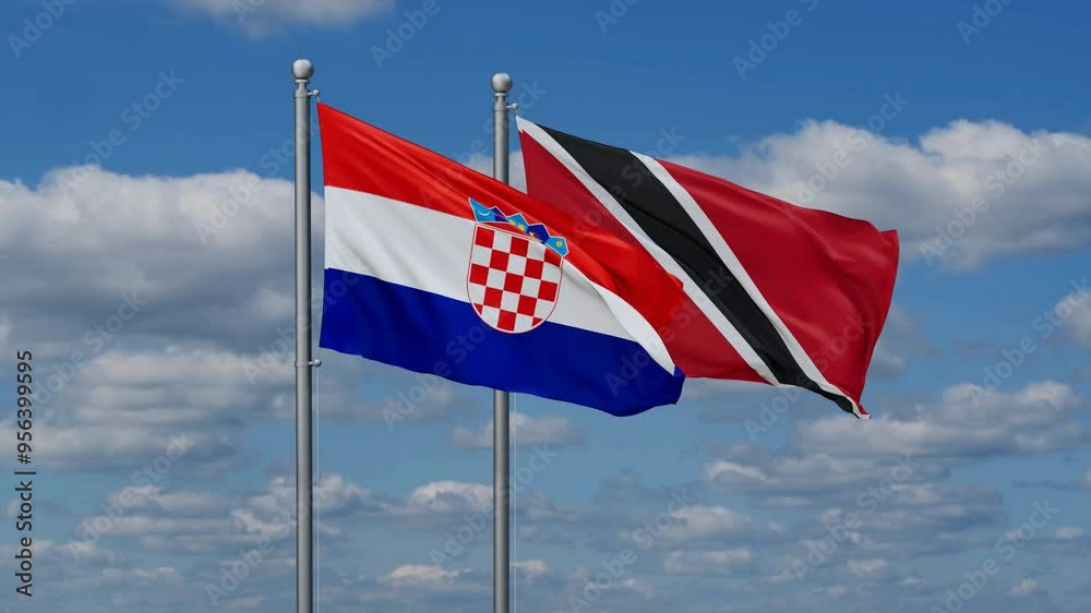 Trinidad and Tobago and Croatia flags flying together, video concept of the relationship, two country cooperation concept Trinidad and Tobago and Croatia flags flying together, video concept of the relationship, two country cooperation concept