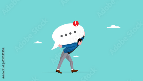 man carrying big speech bubble with lots of notifications, customer service concept, managing customer chat manually