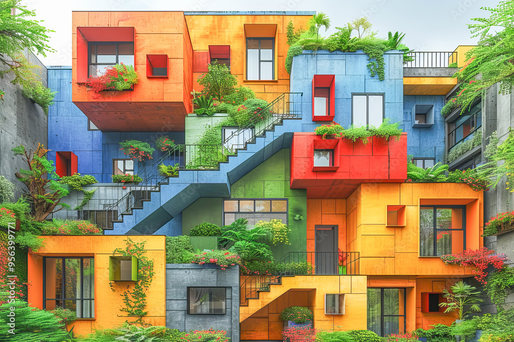 Fototapeta premium Colorful modern building facade covered in plants