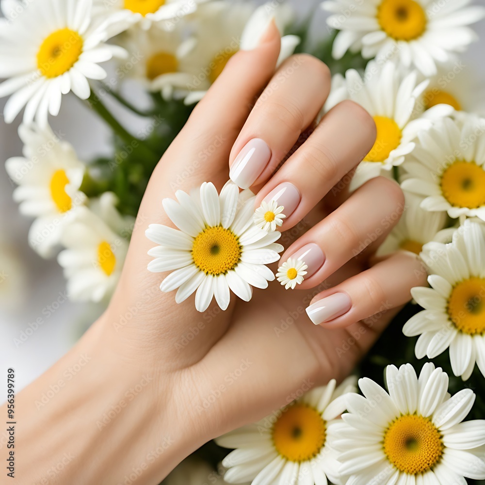 Glossy Daisy Nail Art on Light Skin Hand Glossy Daisy Nail Art on Light Skin Hand