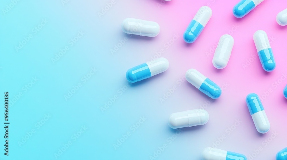 Blue and White Capsule Pills on Gradient Background: Blue and White Capsules Displayed on a Gradient Background for Medical Purposes Blue and White Capsule Pills on Gradient Background: Blue and White Capsules Displayed on a Gradient Background for Medical Purposes