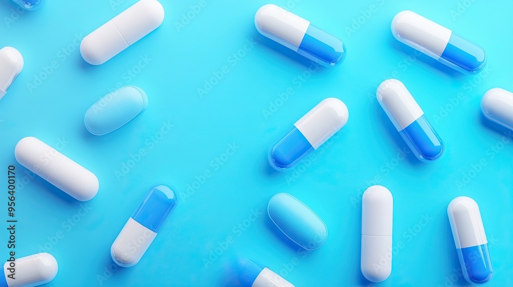 Blue and White Capsule Pills on Gradient Background: Blue and White Capsules Displayed on a Gradient Background for Medical Purposes
