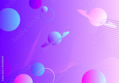 Space background with abstract shape and planets. Space exploring. Web banner. Blend design. Fluid. Vector illustration