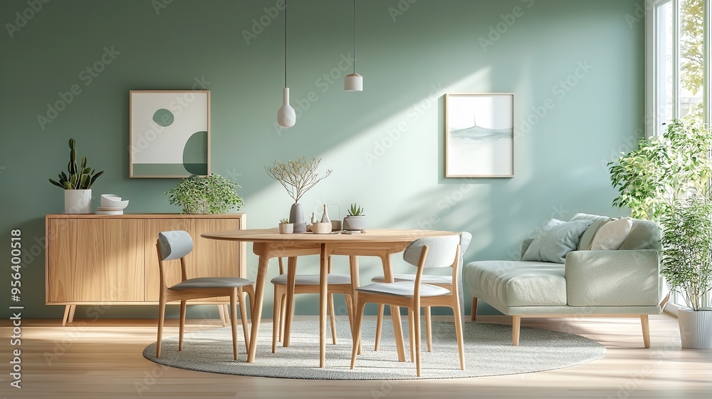 Fototapeta premium Mint-colored chairs around a round wooden dining table in a room with a sofa and cabinet, set against a green wall. The interior design features a Scandinavian, mid-century modern style.