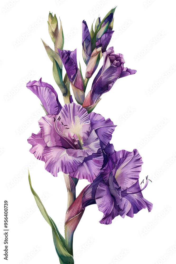 Beautiful Gladiolus flower illustration with lush green leaves, perfect for nature-themed projects and decor, watercolor art, PNG transparent background