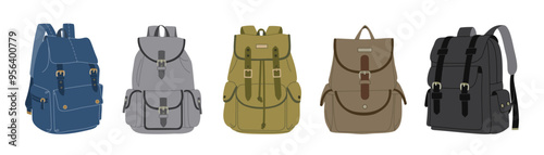 Set of travel backpacks. Touristic haversack for traveling or hiking. Hand drawn vector vector illustration isolated on white background. Modern flat cartoon style.