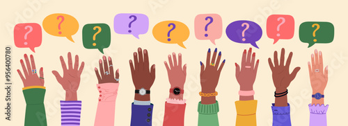 Multiracial people raising hands and speech bubbles with questions marks. FAQ and questions concept. Hand drawn vector vector illustration isolated on light background, modern flat cartoon style.