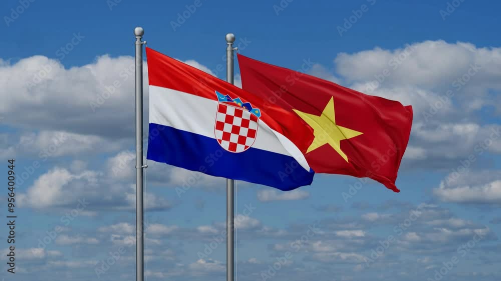 Vietnam and Croatia flags flying together, video concept of the relationship Vietnam and Croatia flags flying together, video concept of the relationship