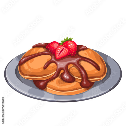 Pancake pile with fresh strawberry and chocolate splash on cartoon plate. Cereal healthy hotcakes heap with brown liquid drips. American morning food mascot, cartoon sweet pancakes vector illustration