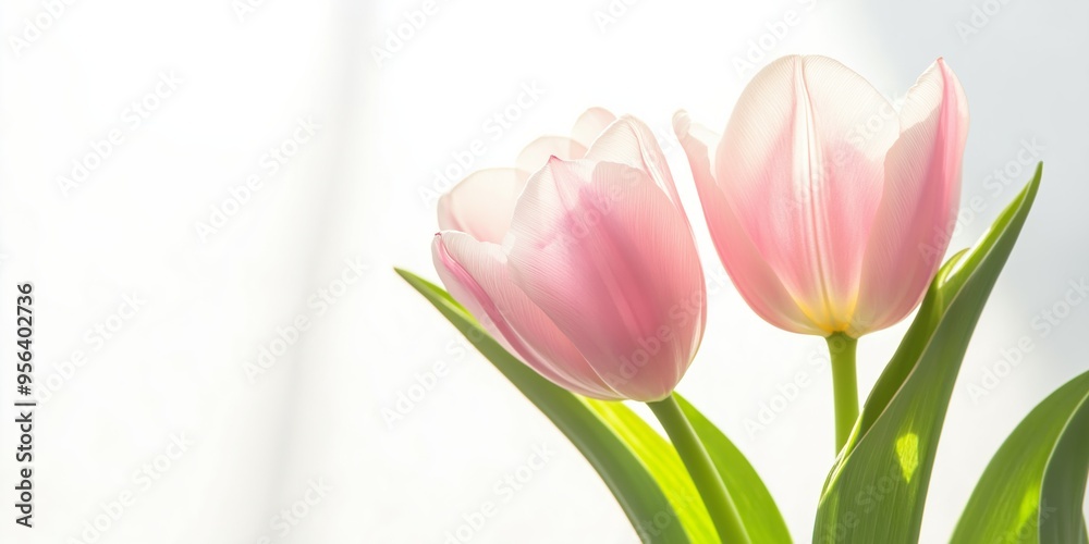 Two pink flowers are in a vase with green leaves. The flowers are the main focus of the image, and the green leaves add a touch of color and contrast Two pink flowers are in a vase with green leaves. The flowers are the main focus of the image, and the green leaves add a touch of color and contrast