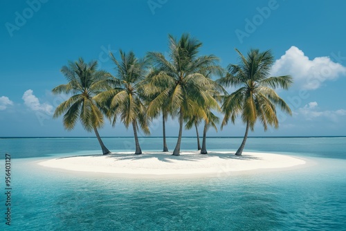 Palm trees sway on a pristine, white sand beach.