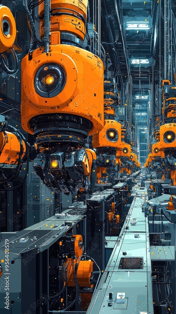 Fototapeta premium Futuristic automated assembly line operating in a factory